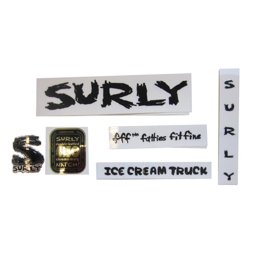 Surly bike frame decal kit with genuine replacement headbadge, includes decals and accessories for bike customization.