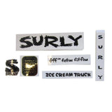 Surly bike frame decal kit with genuine replacement headbadge, includes decals and accessories for bike customization.