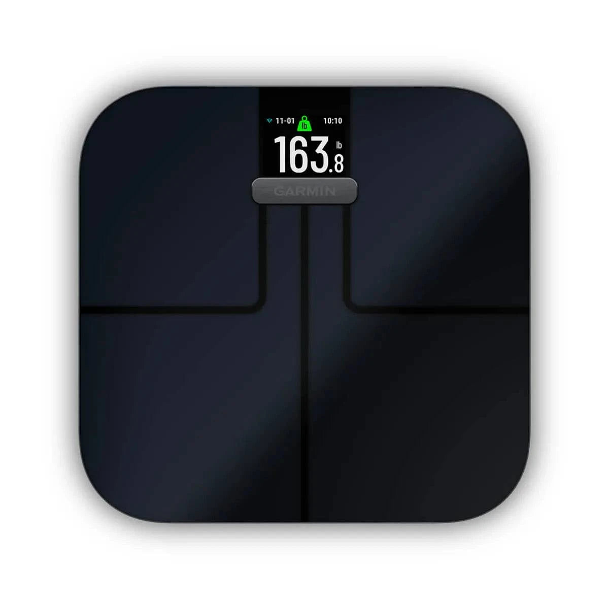 Garmin Index S2 black smart body composition scale with Wi-Fi connectivity and multi-user support, showing digital display.