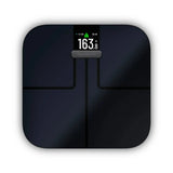 Garmin Index S2 black smart body composition scale with Wi-Fi connectivity and multi-user support, showing digital display.