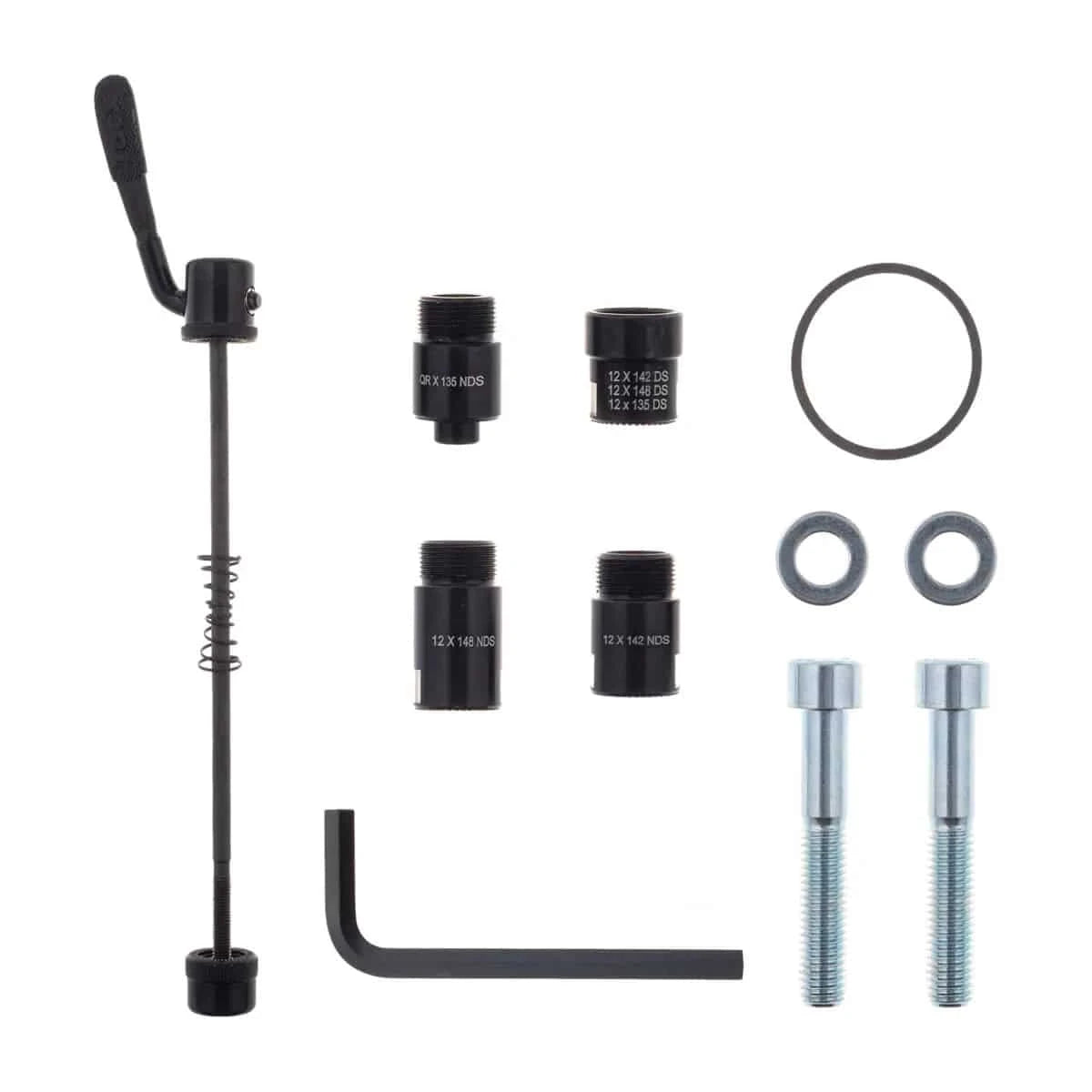 Tacx assembly kit for FLUX S and FLUX 2 smart trainer with 12mm thru-axle compatibility, includes tools and components.