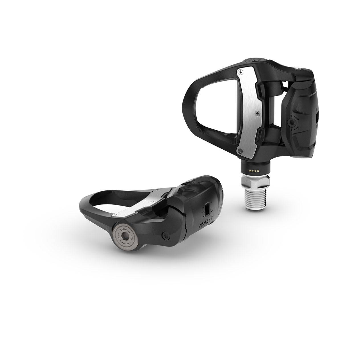 Garmin Rally RK110 single-sensing power meter cycling pedals with black and silver design and cleat attachments.
