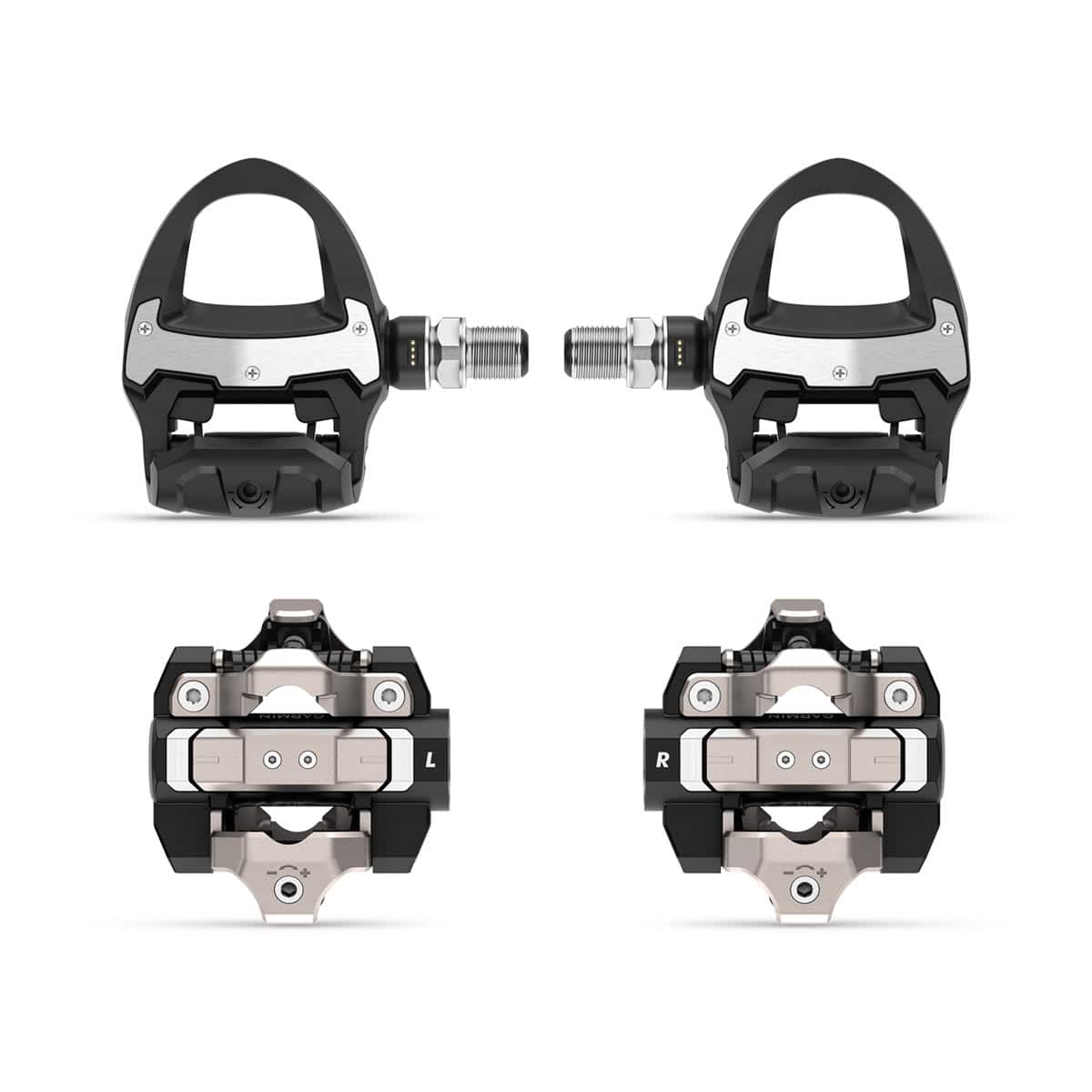 Garmin Rally RK/XC210 dual-sensing power meter pedal bundle for road and mountain biking, showing two pedals with digital displays