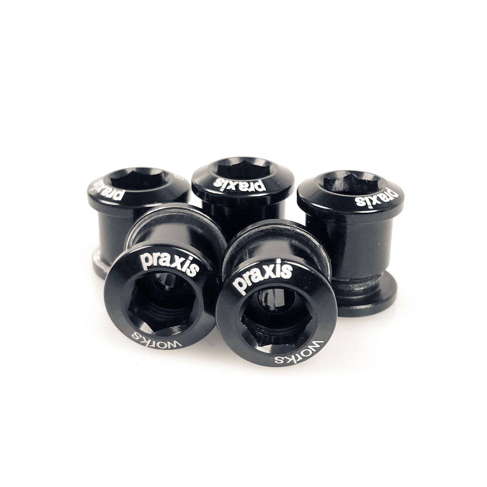 Praxis Works Black Alloy Chainring Bolts 5-pack for secure road bike drivetrain installation and replacement.