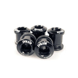 Praxis Works Black Alloy Chainring Bolts 5-pack for secure road bike drivetrain installation and replacement.