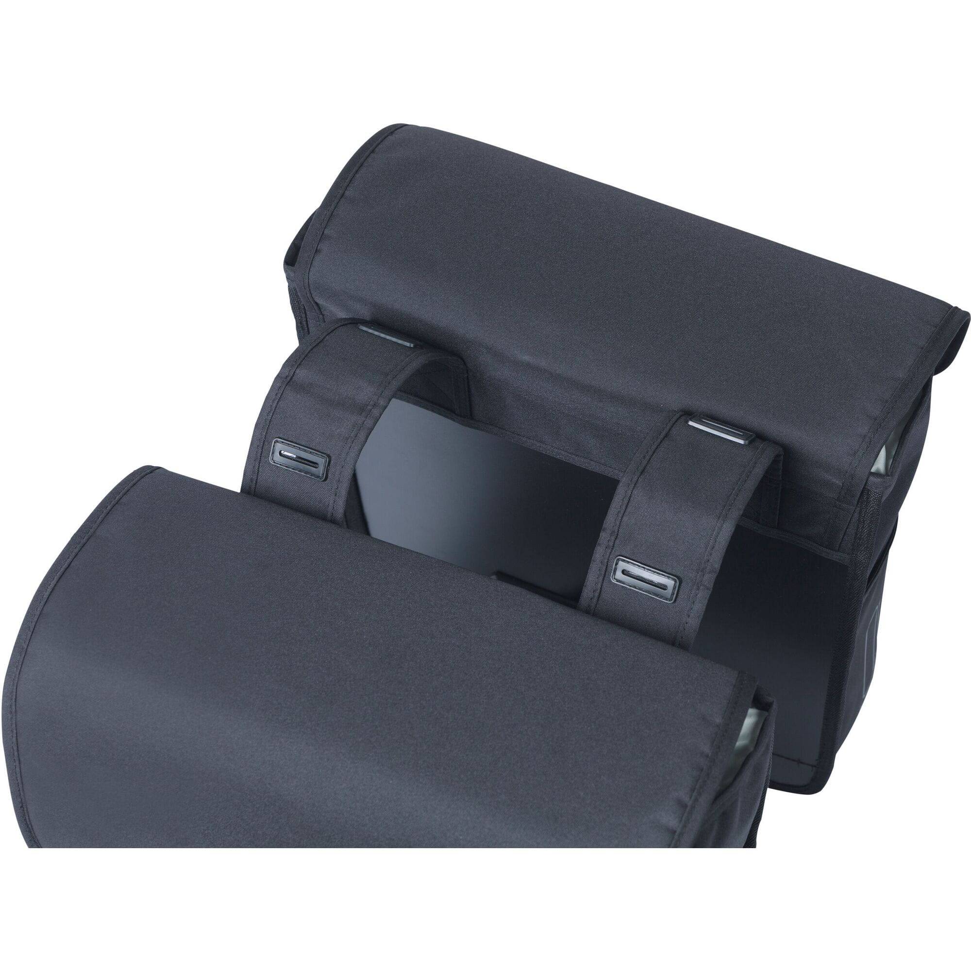 Basil GO Double Bag 32L solid black bike pannier with reflective details, designed for easy attachment and durable transport.
