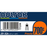Nutrak 700x25-32C Presta inner tube with 48mm valve for road bikes, suitable for 27 x 1-1/4 inch tire sizes.