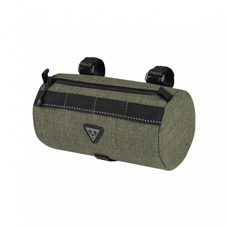 Topeak Tubular Barbag 1.5L handlebar bag with shock-absorbing foam and Molle straps attached to a bicycle handlebar.