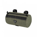 Topeak Tubular Barbag 1.5L handlebar bag with shock-absorbing foam and Molle straps attached to a bicycle handlebar.