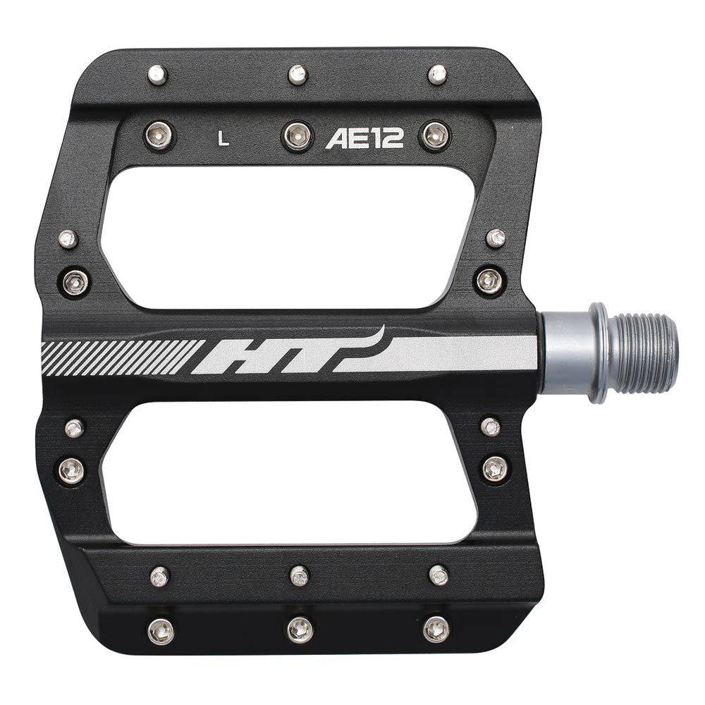 HT Components AE-12 Junior BMX flat pedal with 10 pins for enhanced grip, showing the black BMX pedal with textured surface.