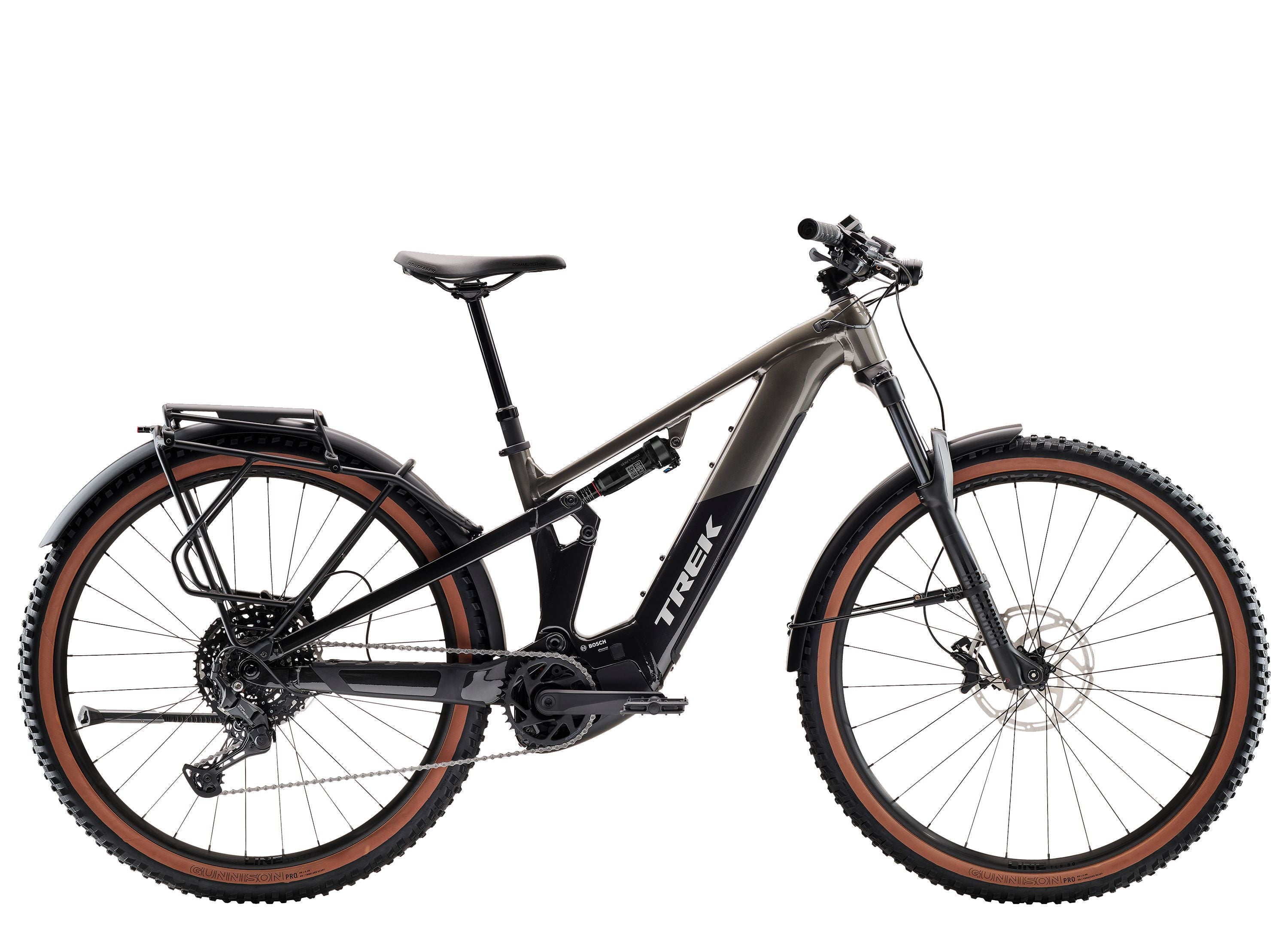 Trek Powerfly FS+ 4 Gen 5 mountain bike with full suspension and 800Wh removable battery, shown on trail.