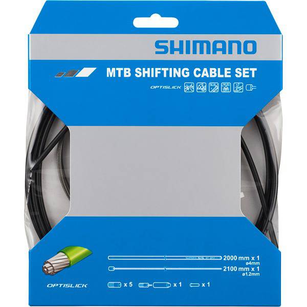 Shimano MTB rear gear cable set with OPTISLICK coated stainless steel inner cables in black for smooth shifting.