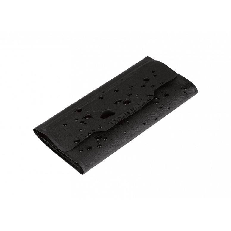 Topeak waterproof Drywallet accessory in black, designed for phones and essentials, showing a compact, protective wallet with a secure seal.