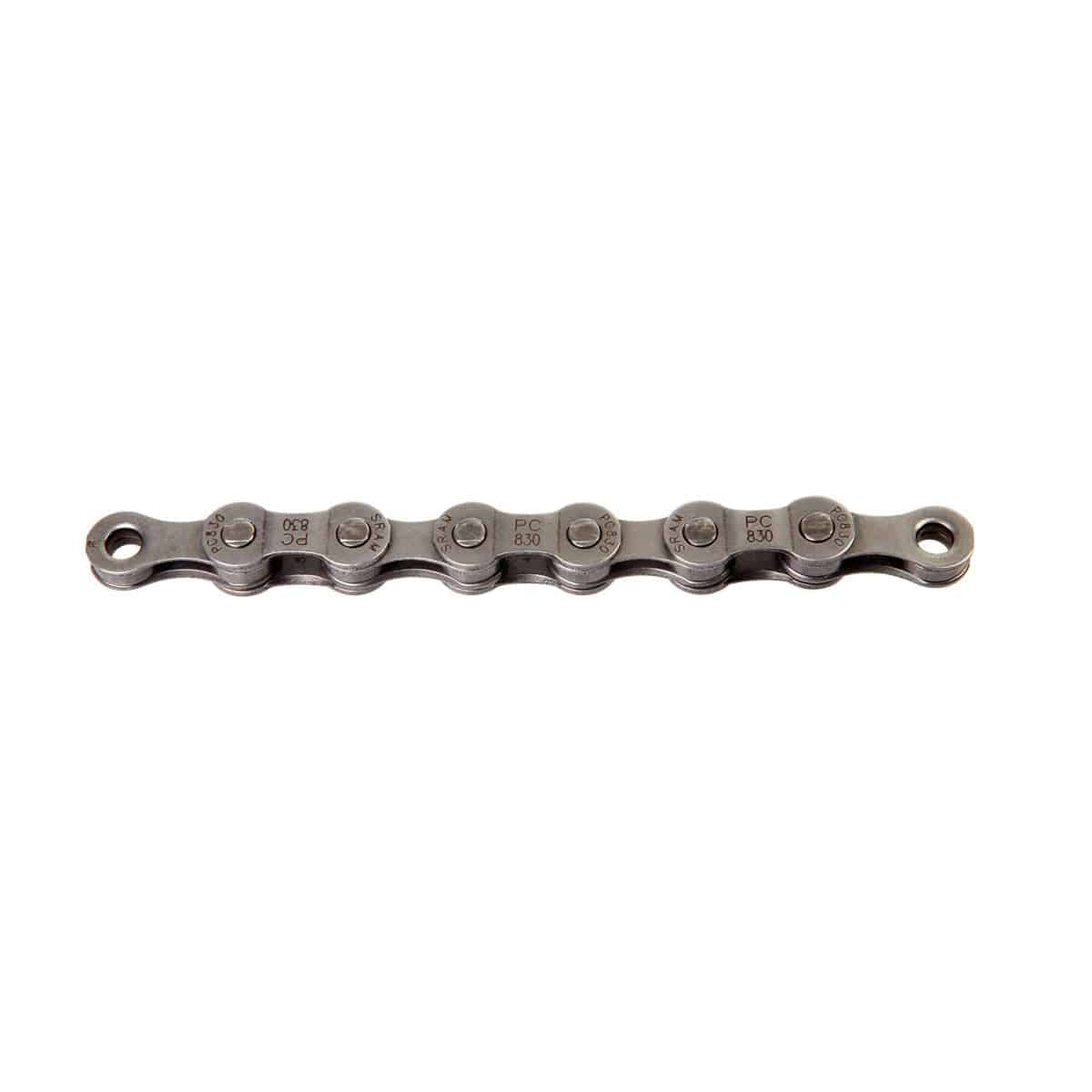 SRAM PC830 grey 7/8-speed bike chain with 114 links and PowerLink closure, showing the durable metal links and grey finish.