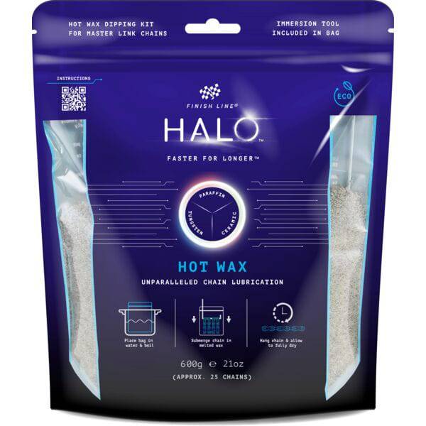 Finish Line Halo Hot Wax lubricant melts in a granular form for bike chains, shown in a workshop setting with a double boil bag.