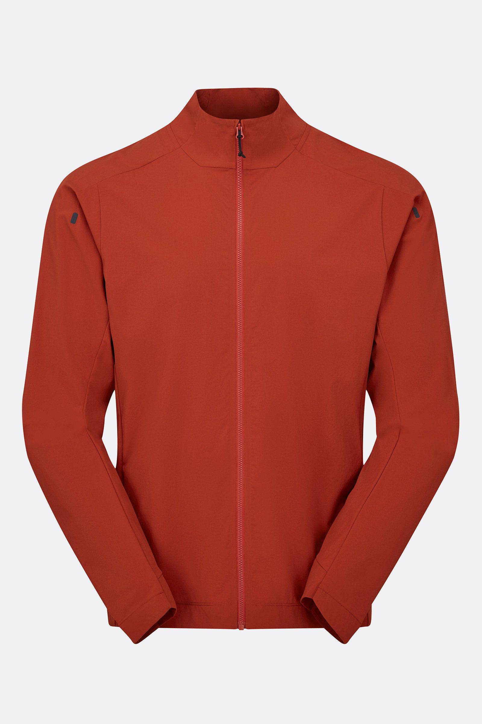 Rab Cinder Borealis lightweight windproof outdoor jacket in Tuscan Red, shown on a model ready for active outdoor use.