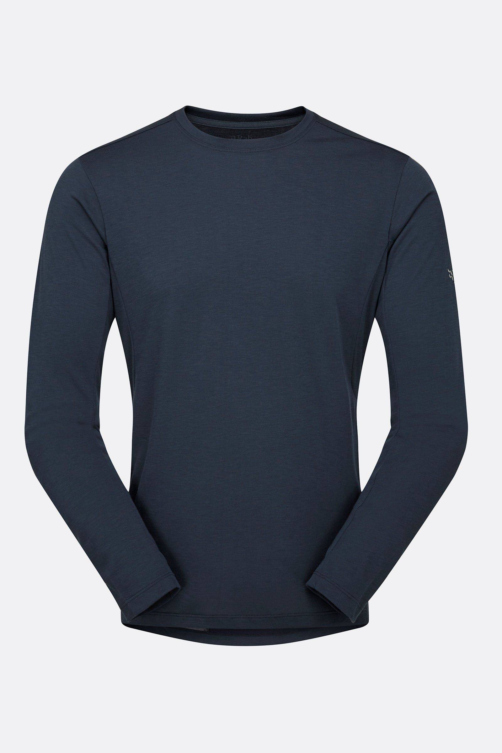 Rab Crimp Logo Tee Jersey in tempest blue, lightweight moisture-wicking activewear for outdoor activities, shown on a model.