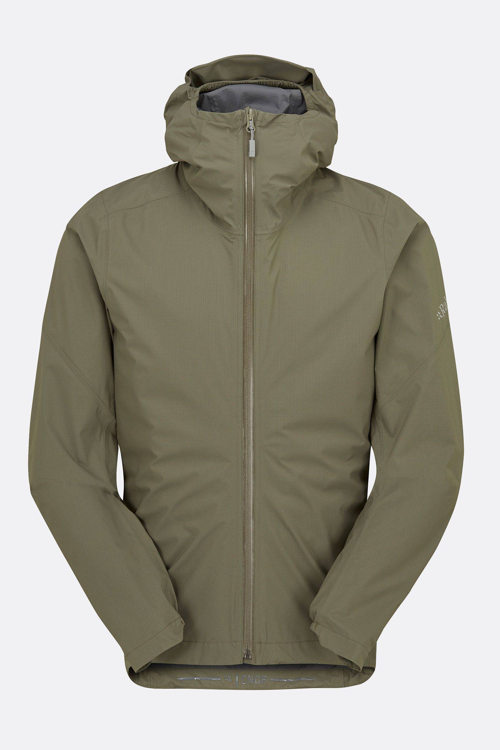 Rab Cinder Downpour Light waterproof cycling jacket in light khaki, featuring a helmet-compatible hood and breathable fabric.