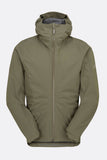 Rab Cinder Downpour Light waterproof cycling jacket in light khaki, featuring a helmet-compatible hood and breathable fabric.