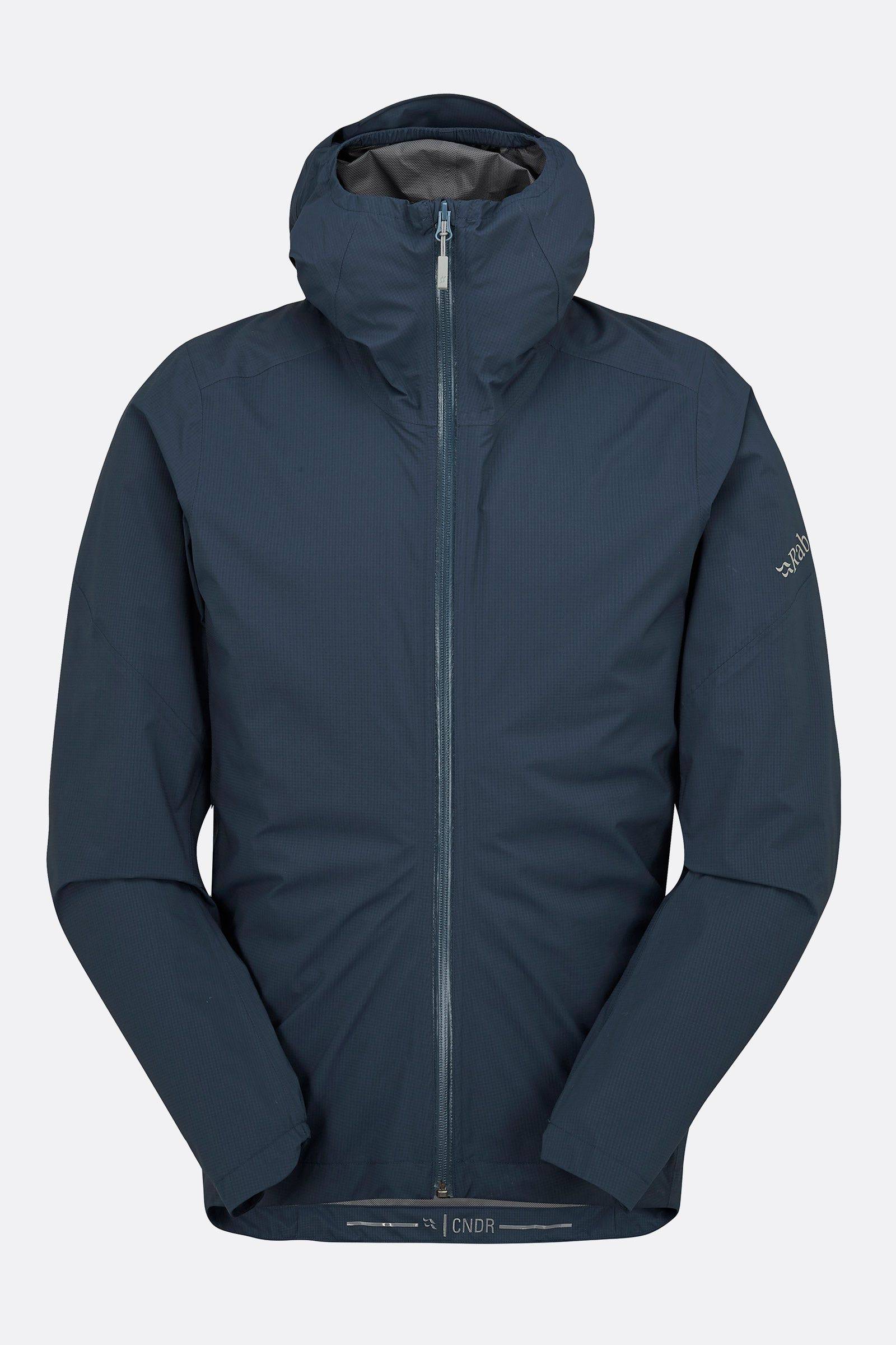 Rab Cinder Downpour Light Waterproof Cycling Jacket in tempest blue with helmet-compatible hood, shown on a model.
