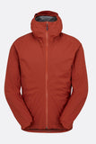 Rab Cinder Downpour Light waterproof cycling jacket in Tuscan Red with helmet-compatible hood, designed for outdoor cycling.