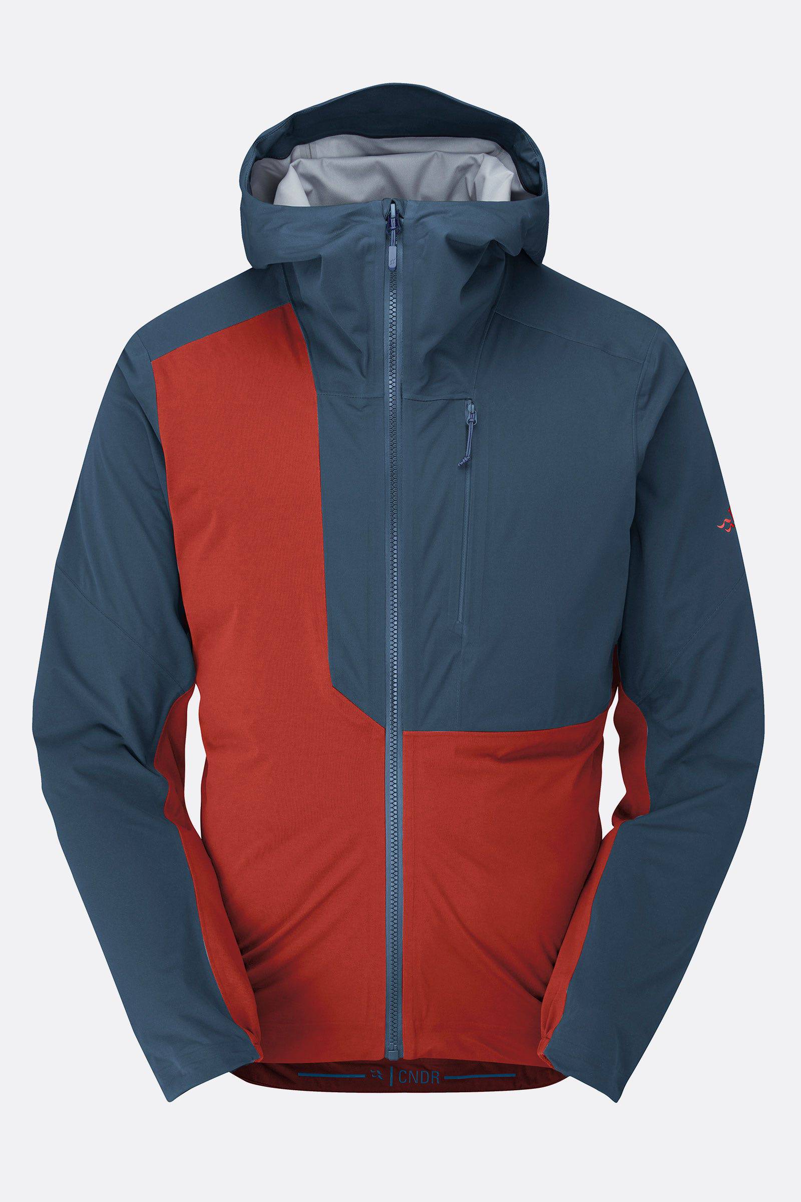 Rab Cinder Kinetic lightweight insulated outdoor jacket in Tuscan Red and Tempest Blue, designed for gravel riding and outdoor activities.