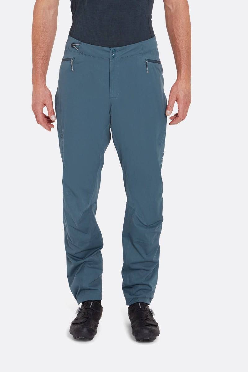Rab Cinder Kinetic long pants in Orion Blue, outdoor performance trousers with adjustable waistband, front view showing durable fabric