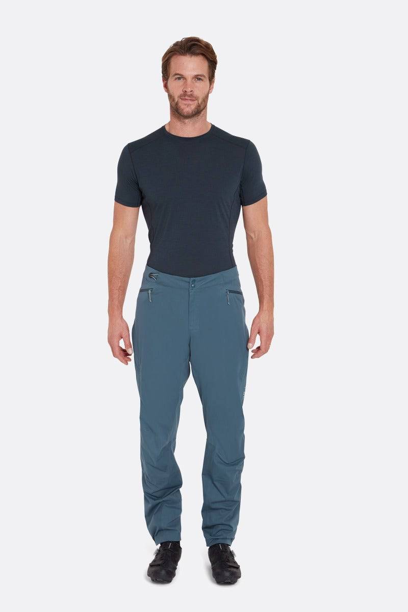 Rab Cinder Kinetic Long Pants in Orion Blue, durable outdoor trousers with adjustable waistband and full front view.