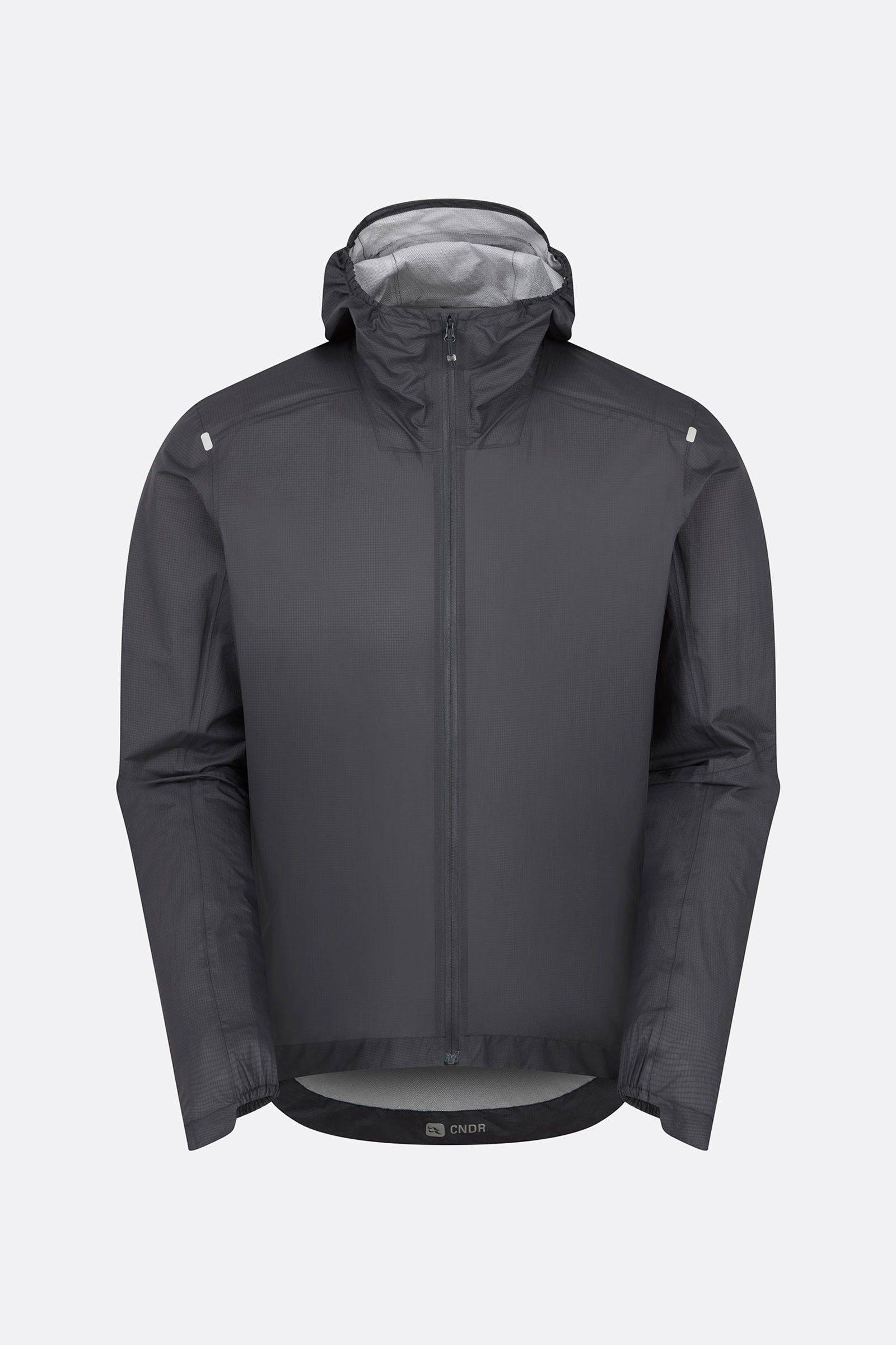 Rab Cinder Phantom waterproof cycling jacket in ebony with breathable Pertex Shield fabric, shown on a hanger.