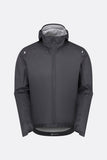 Rab Cinder Phantom waterproof cycling jacket in ebony with breathable Pertex Shield fabric, shown on a hanger.