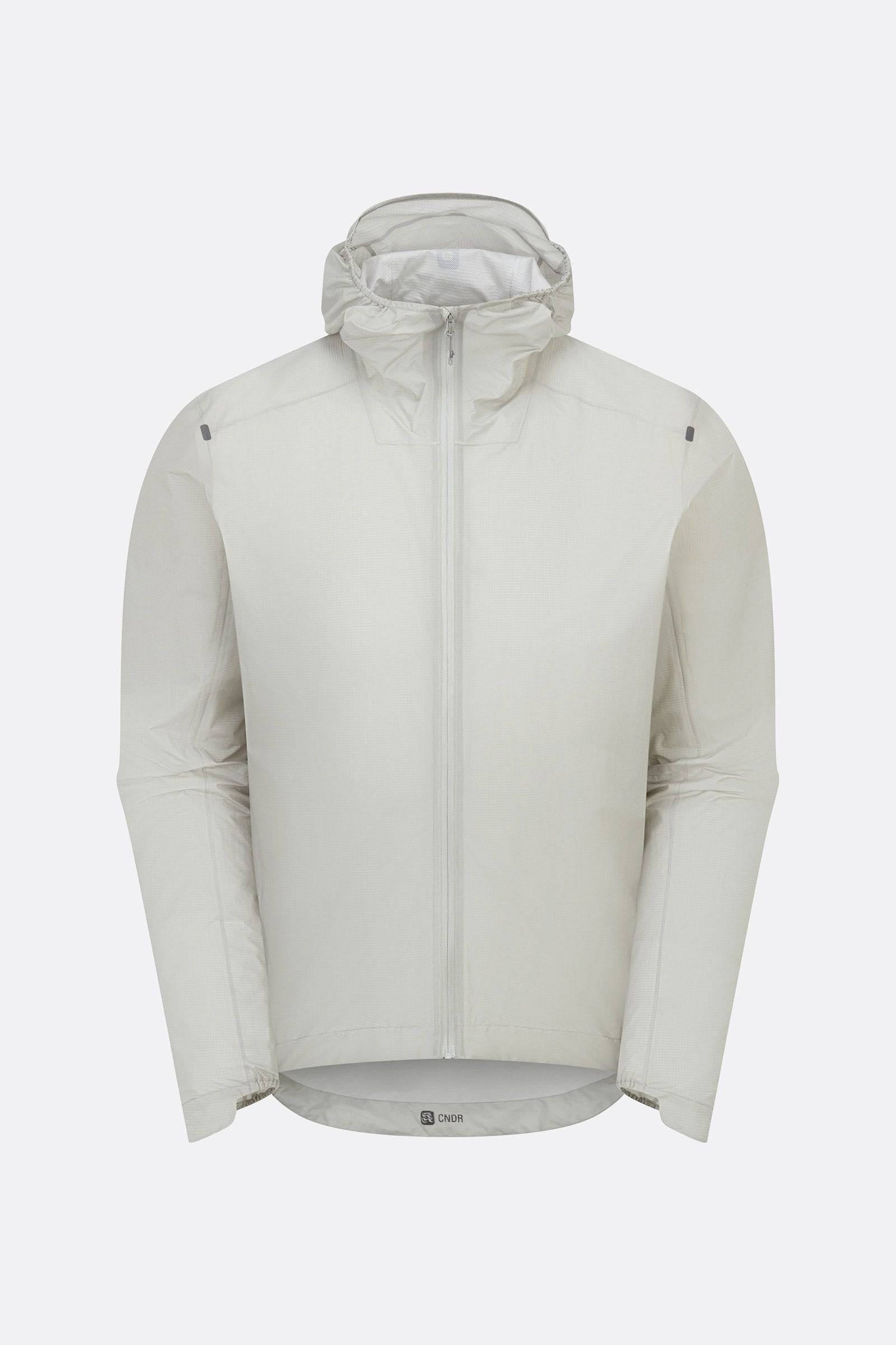 Rab Cinder Phantom waterproof cycling jacket made of breathable Pertex Shield fabric, shown in light zinc color.