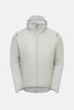 Rab Cinder Phantom waterproof cycling jacket made of breathable Pertex Shield fabric, shown in light zinc color.