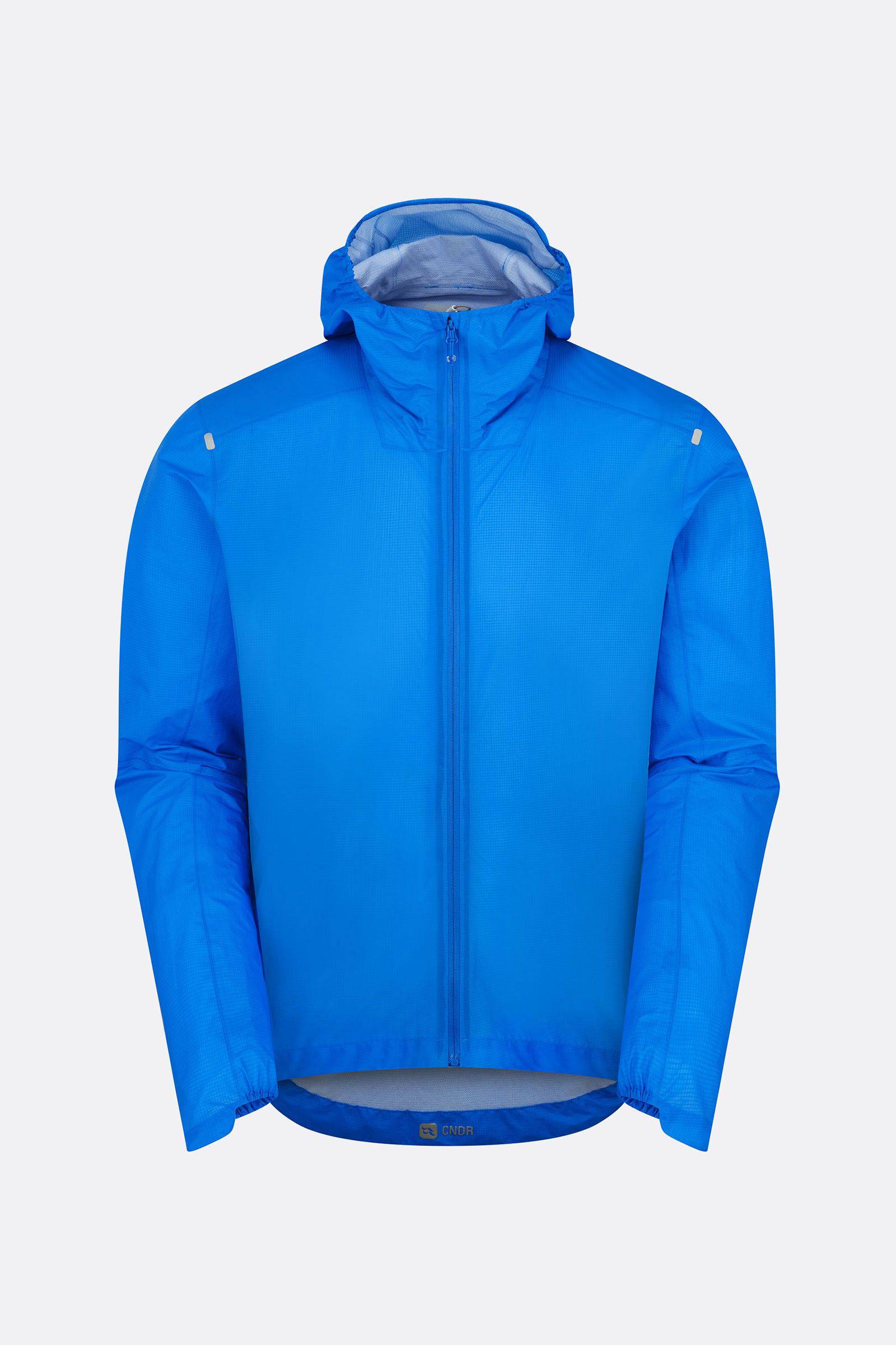 Rab Cinder Phantom waterproof cycling jacket in blue with breathable Pertex Shield fabric, designed for outdoor cycling.