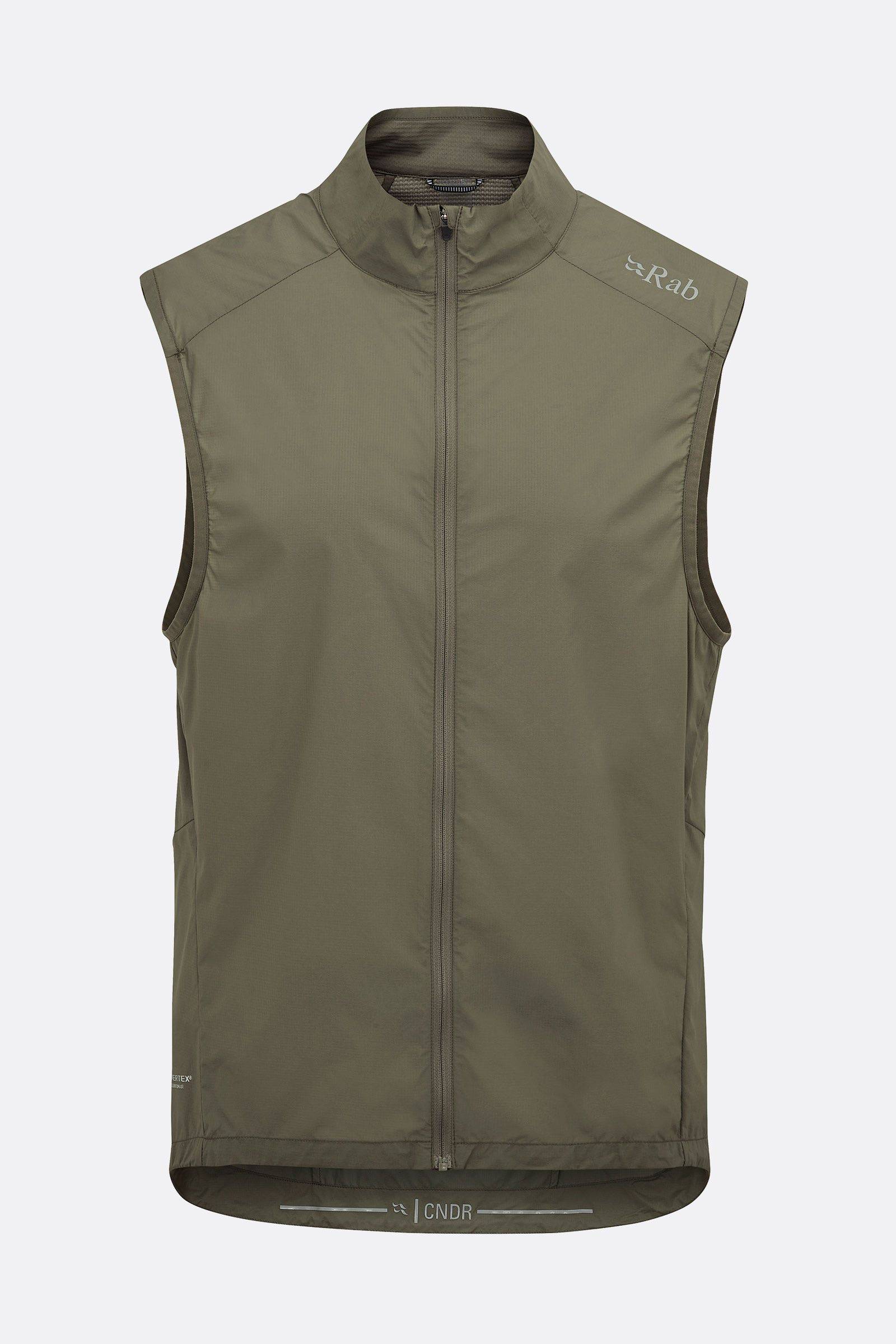 Rab Cinder Windveil slim-fit cycling vest in light khaki, wind-resistant performance clothing for outdoor riding.