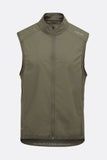 Rab Cinder Windveil slim-fit cycling vest in light khaki, wind-resistant performance clothing for outdoor riding.