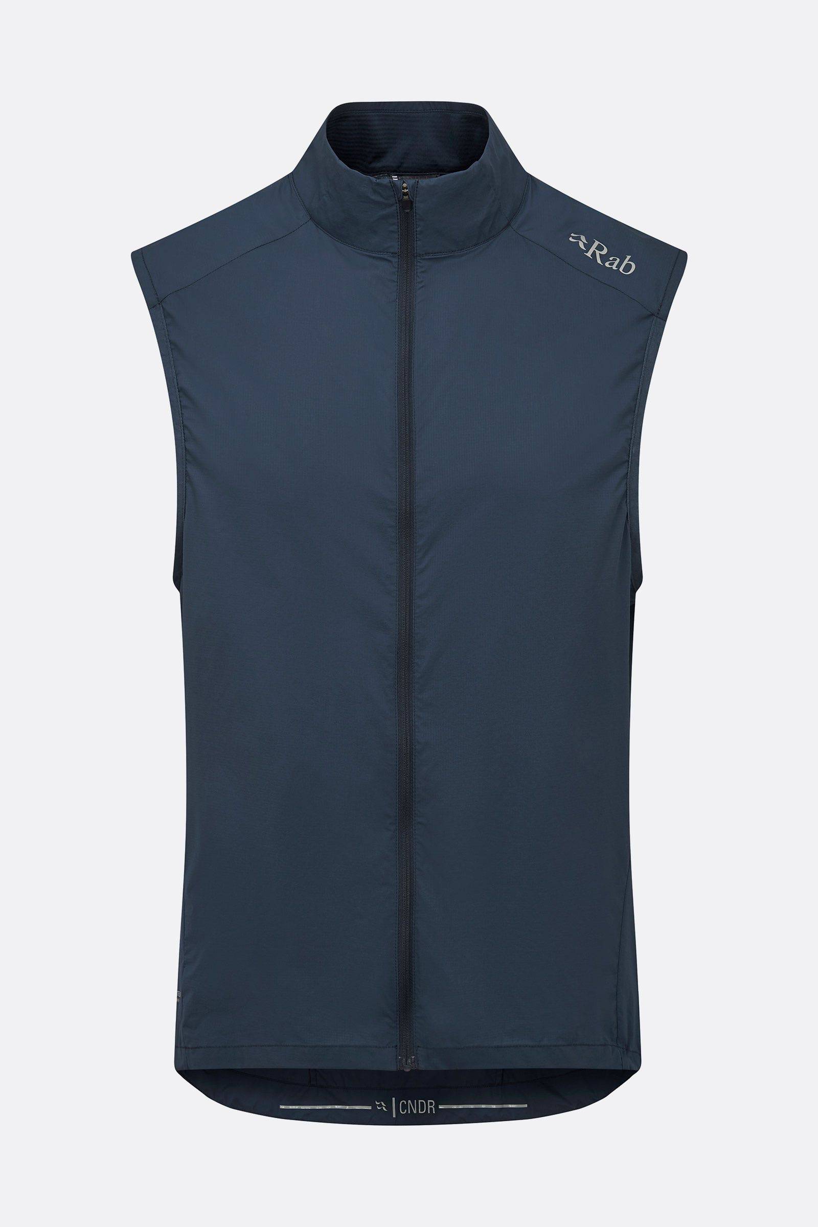 Rab Cinder Windveil slim-fit cycling vest in tempest blue, wind-resistant performance clothing with lightweight, sleek design.