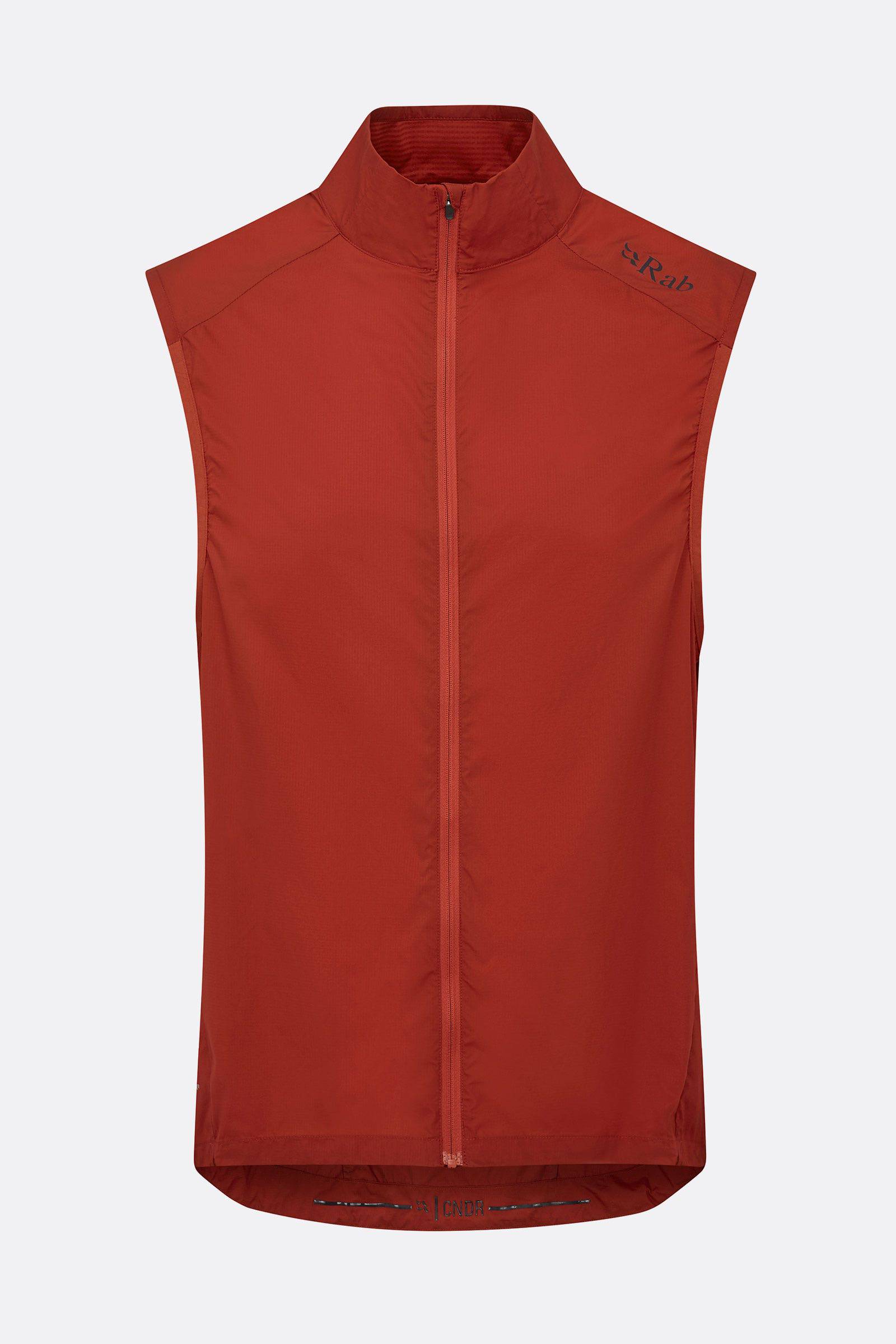 Rab Cinder Windveil slim-fit wind-resistant cycling vest in Tuscan Red, lightweight and designed for performance cycling.