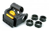 Topeak Fixer 8 black handlebar bag and basket mounting accessory shown attached to a bicycle handlebar.