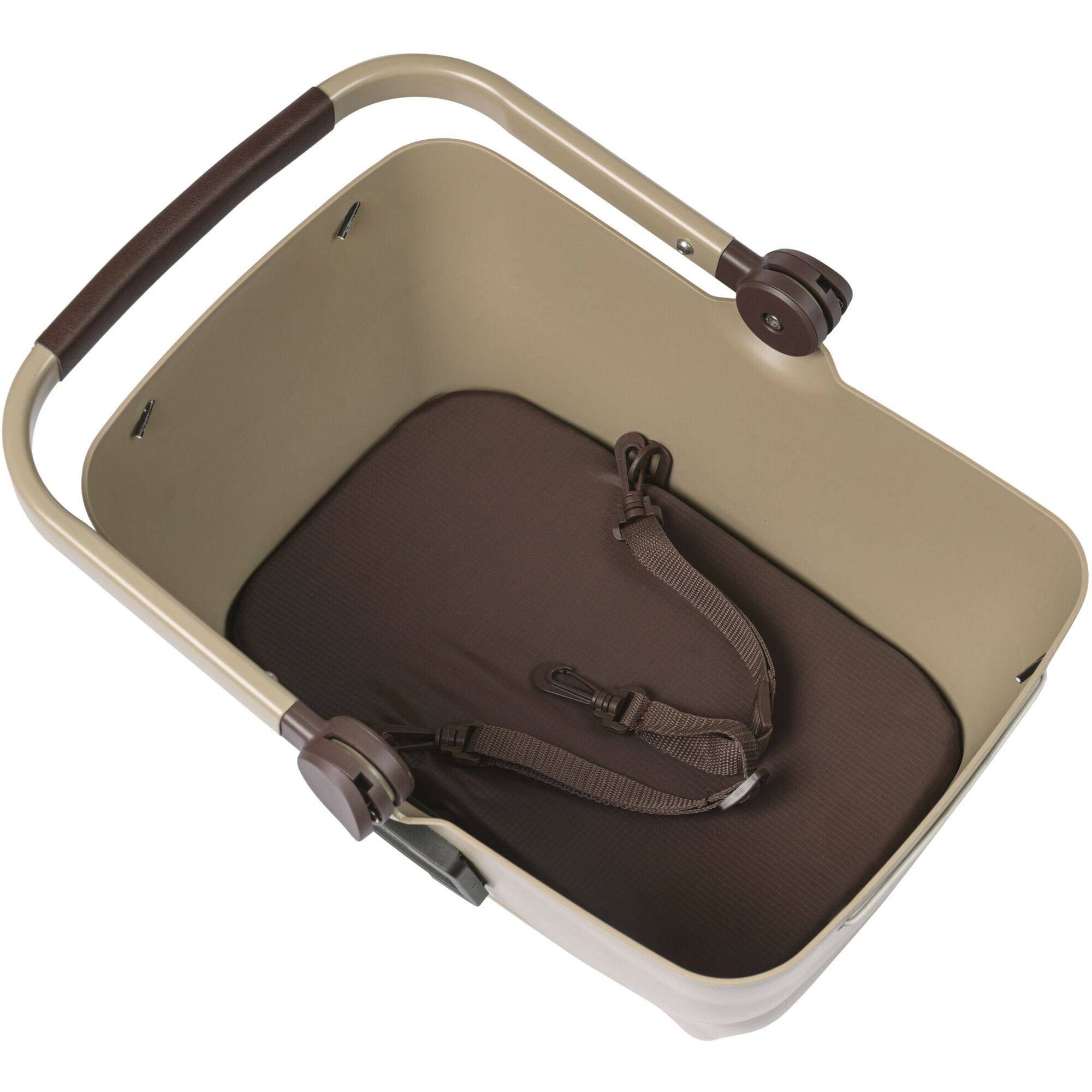 Basil Buddy Dog Bicycle Basket KF 32L with Cushion in Biscotti Brown mounted on a bike front, designed for carrying small dogs.
