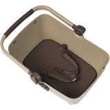 Basil Buddy Dog Bicycle Basket KF 32L with Cushion in Biscotti Brown mounted on a bike front, designed for carrying small dogs.