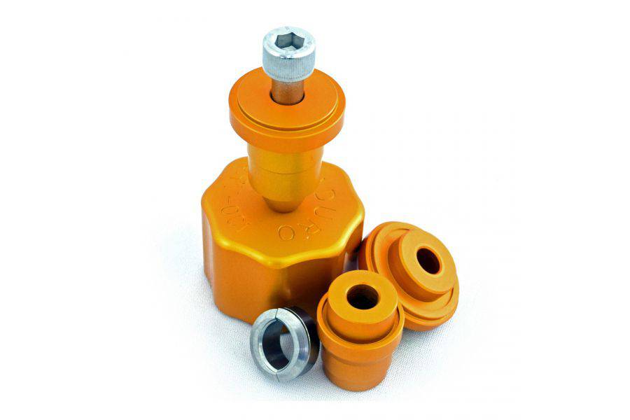 Enduro Bearings X-Drive BB press tool for standard outboard cup bearing installation, showing metal tool with handle and bearing components.