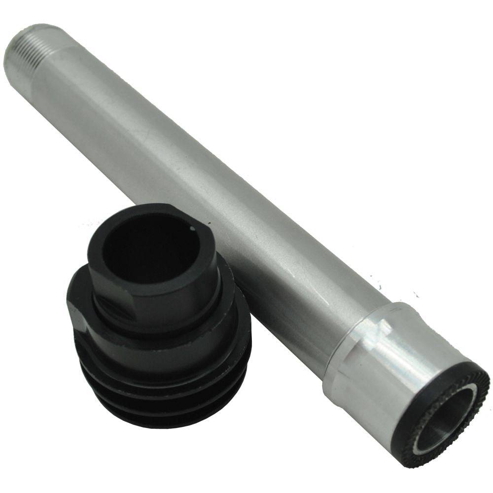 Miche DX 142mm rear bolt thru axle with front hub adaptors for pre-2020 bicycles, showing metal components and threading.