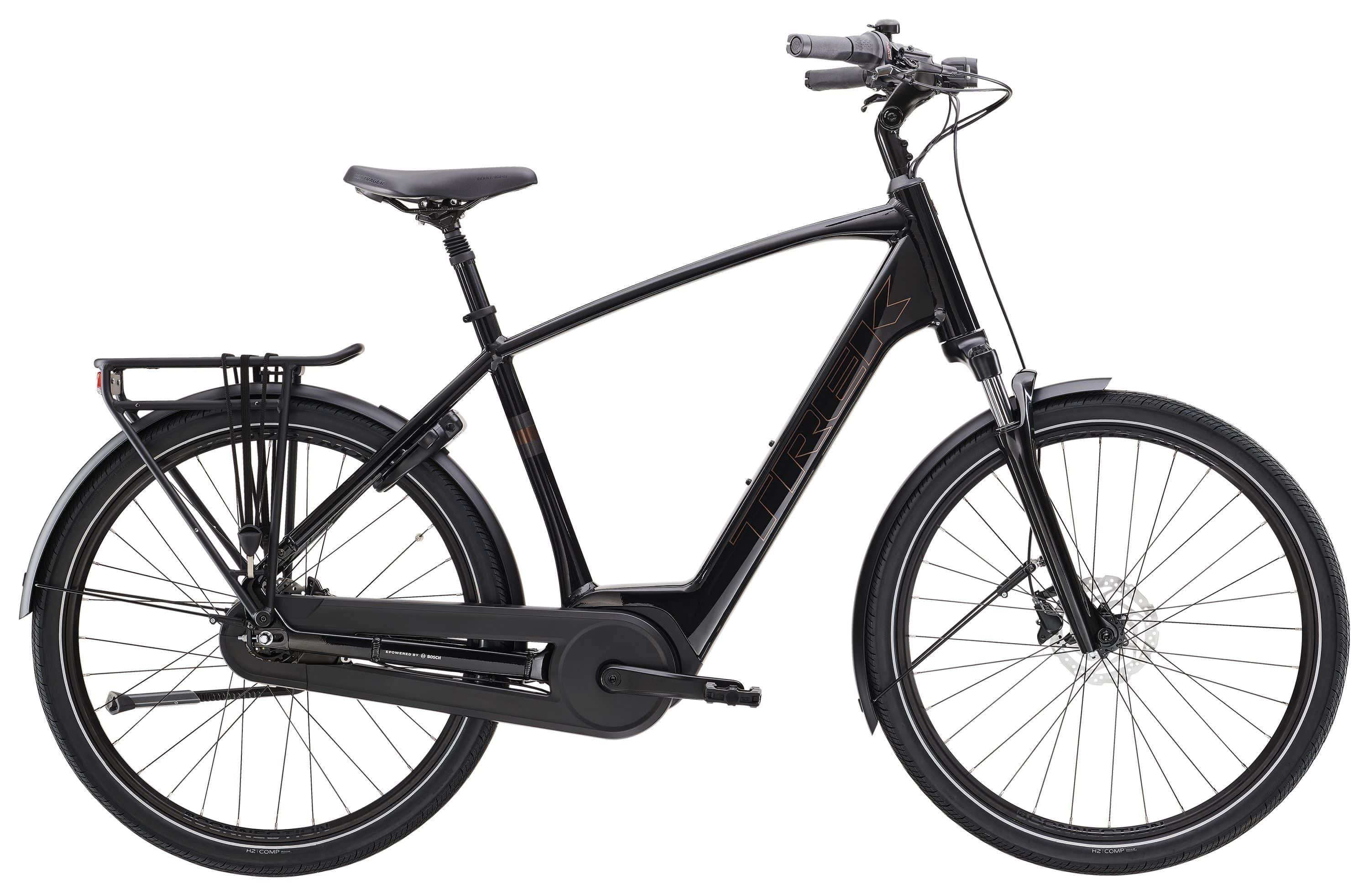 Trek District+ 2 2025 unisex electric hybrid bike for urban commuting and suburban riding, shown with sleek frame and electric motor.