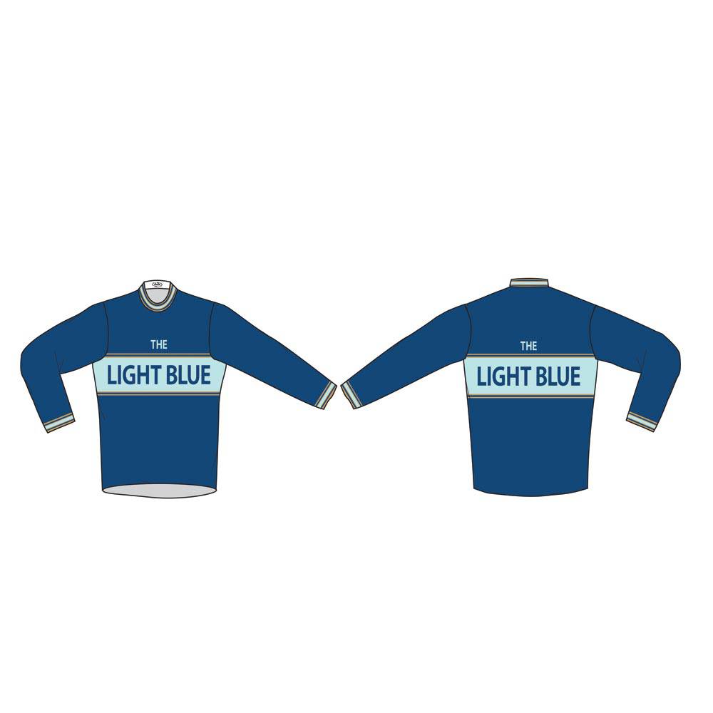Light Blue Sport long sleeve merino wool cycling jersey with pockets, designed for comfort and performance.