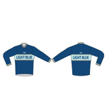 Light Blue Sport long sleeve merino wool cycling jersey with pockets, designed for comfort and performance.
