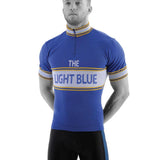 Light Blue Sport men's short sleeve cycling jersey made of merino wool with pockets, designed for comfort and performance.