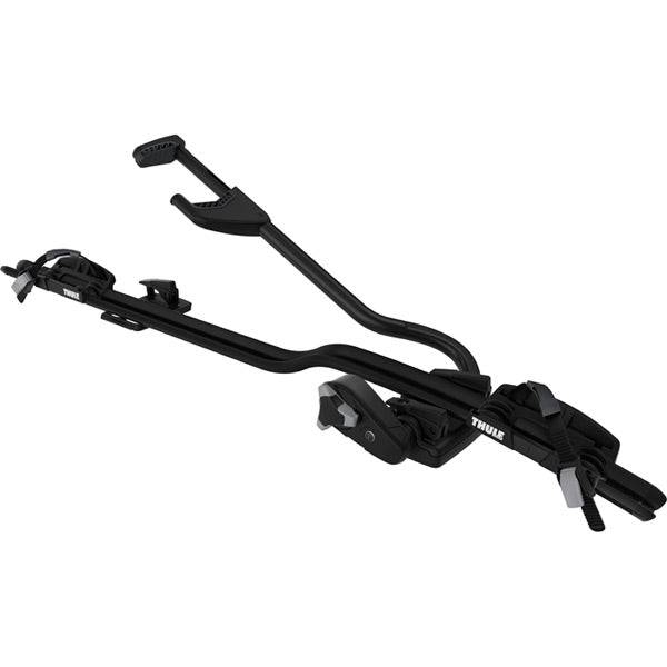 Black Thule 598 ProRide roof bike carrier with locking upright mechanism attached to roof bars, showcasing its secure mounting design.