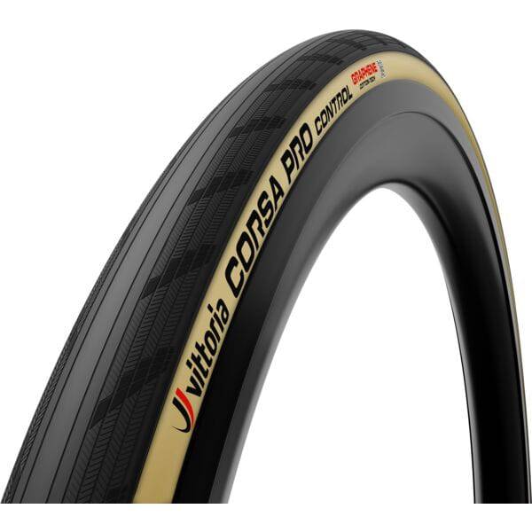 Vittoria Corsa Pro Control G2.0 road tyre with Graphene and tubeless-ready technology, shown mounted on a bicycle wheel.