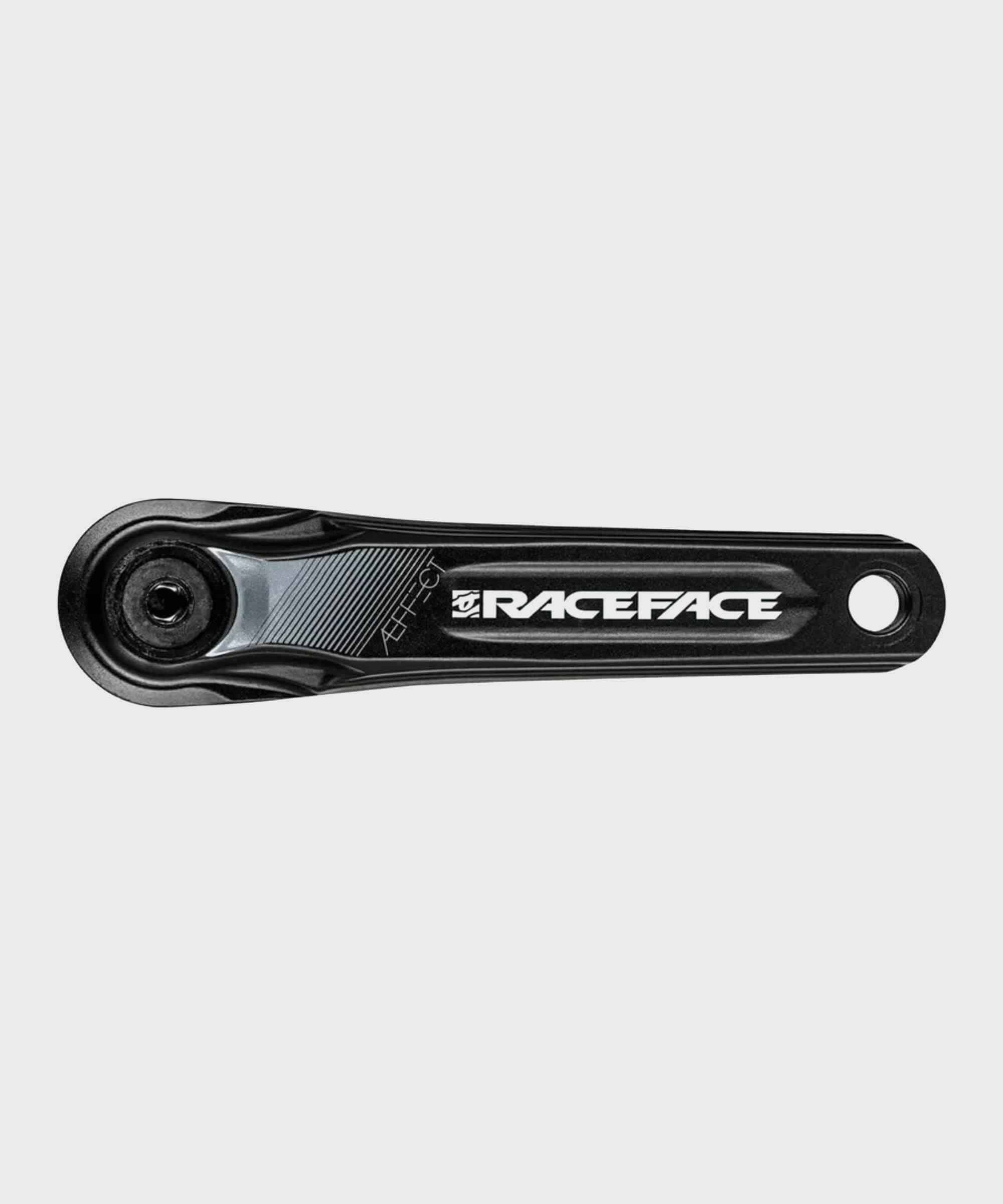 Race Face AEffect 137mm MTB crank arms with Cinch system, black component for trail riding, shown in close-up image.