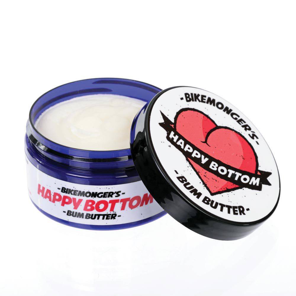 Happy Bottom chamois cream tube showing natural bum butter for cycling comfort and skin care.